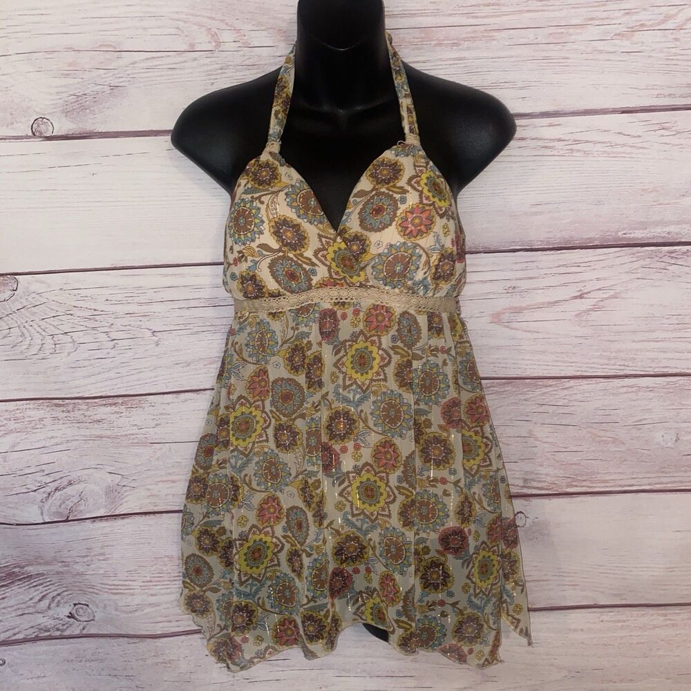 Vintage Jordache Paisley Halter Top Mesh Babydoll Y2K Fairycore Boho L 11/13 B15